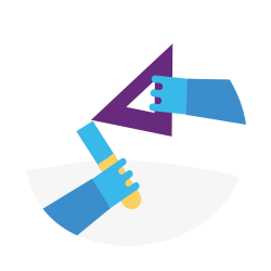 One hand holding a right angles protractor, one holding a ruler