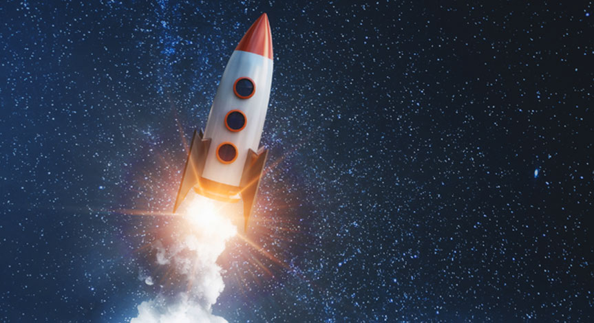 Rocket in space with smoke and fire coming from the bottom due to ignition