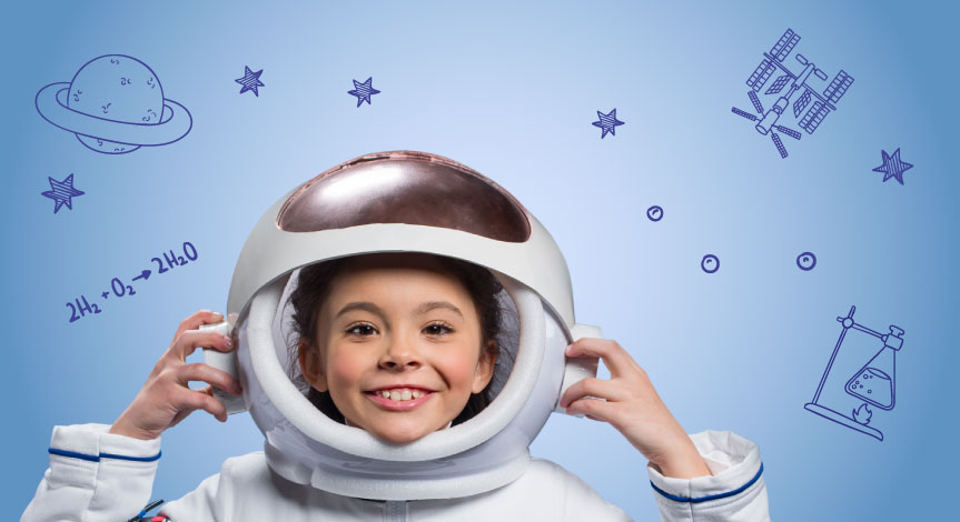 Girl in white space suit and an open helmet with navy blue strips on arms holding side of her head.